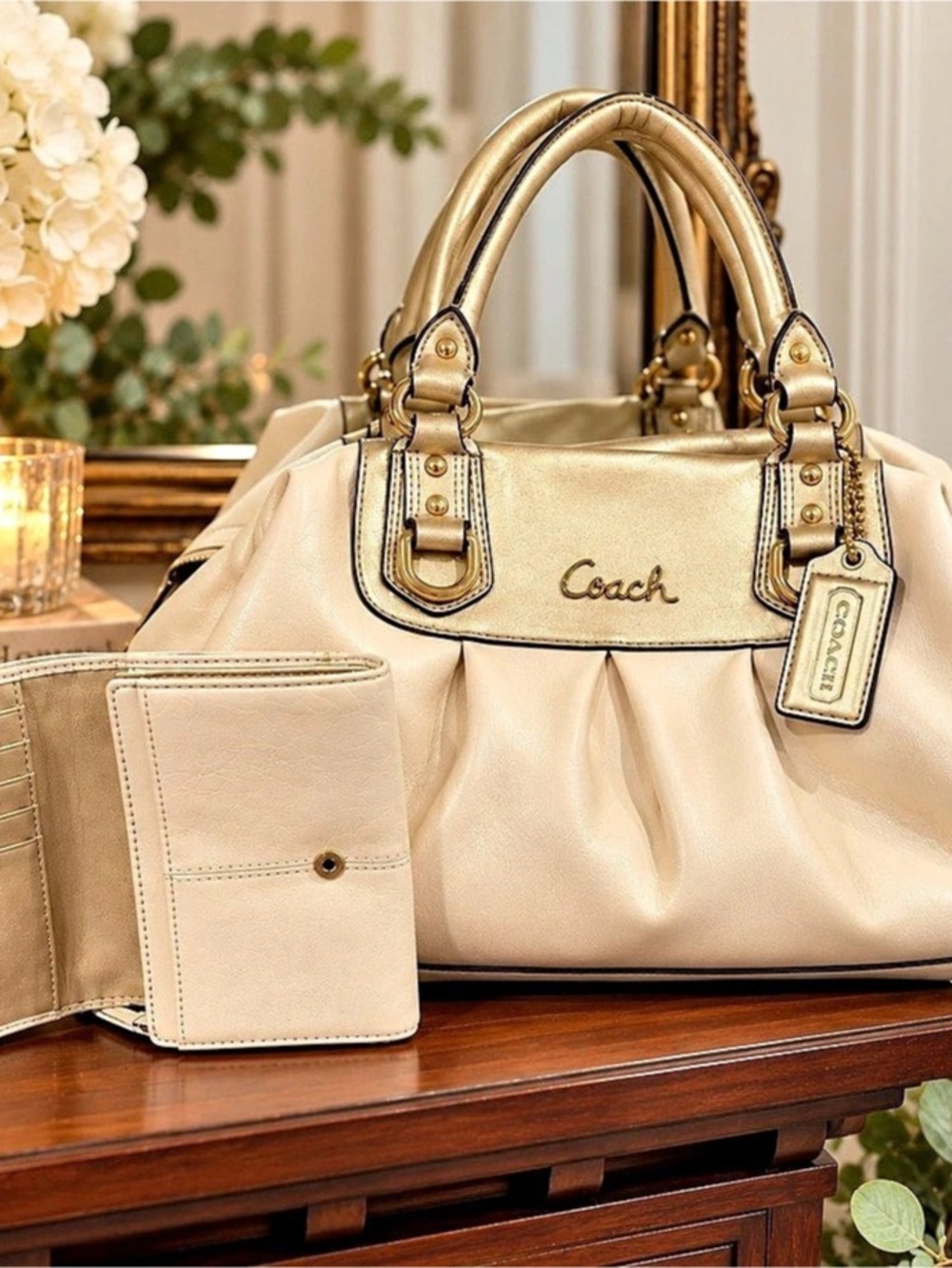 Coach Satchel in Cream & Brown with matching wallet